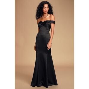 Lulus “Adored Forever” Black Satin Off-the-shoulder Maxi Dress, Size S